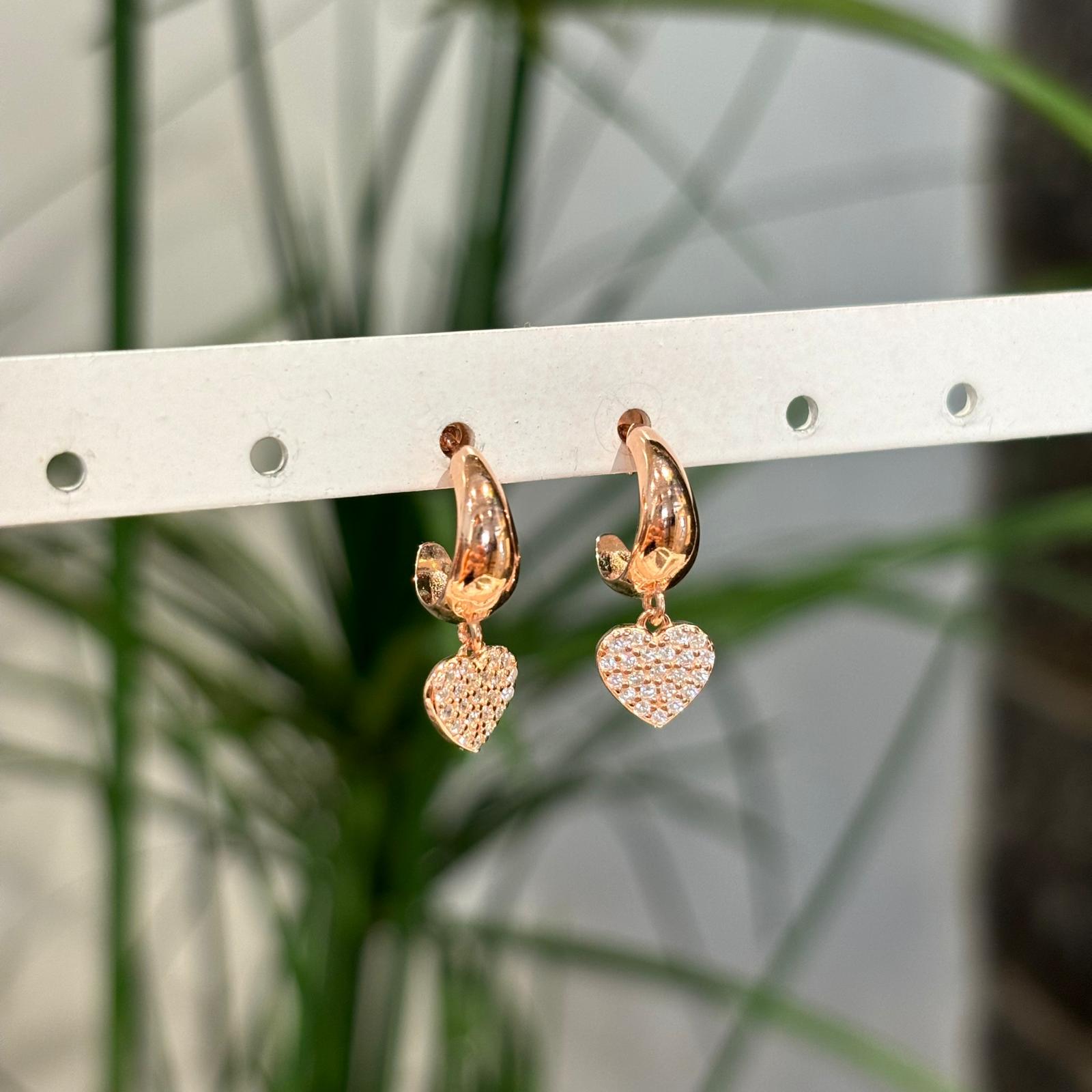 Orecchini A Cuore Pendenti Placcati Oro Rosa Con Cristalli Zircondia - Regalo Donna Elegante